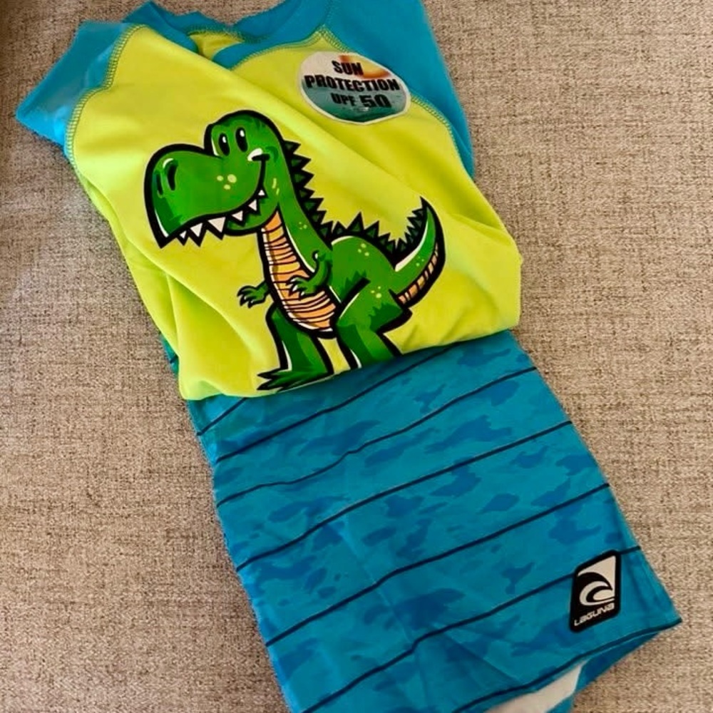 Kids UPF 50 Dino Rash Guard & Swim Trunks- Blue & Neon Green NWT